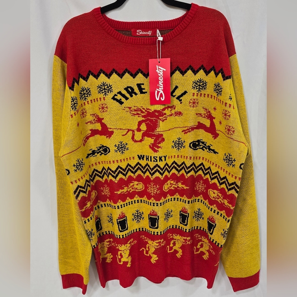 Fireball whisky Shinesty men 2XL ugly tacky Christmas‎ knit sweater, whimsical